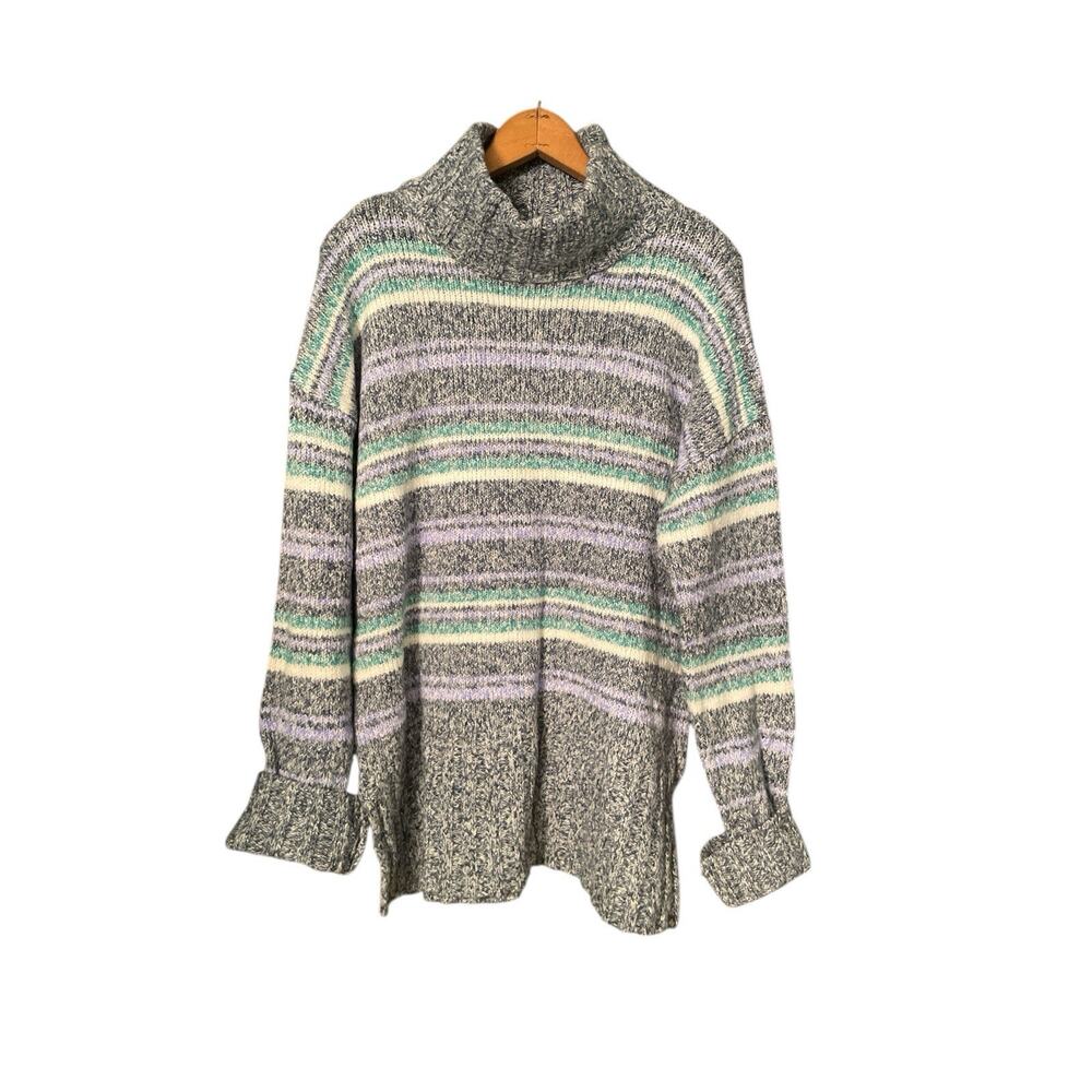 Eddie Bauer Women's M Turtleneck Cowl Sweater Green Gray Striped
